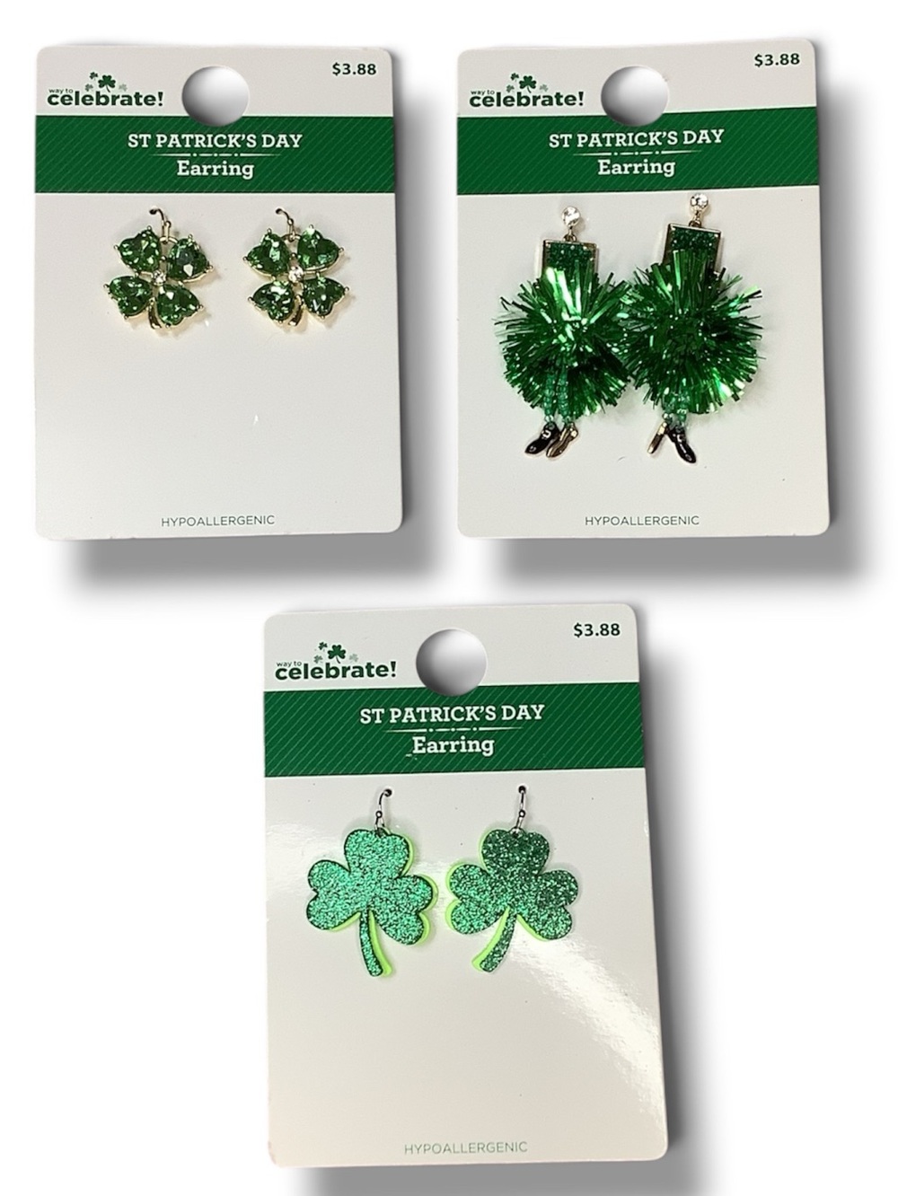 St. Patrick's Day Green Shamrock & Pom Earrings - Set of 3
